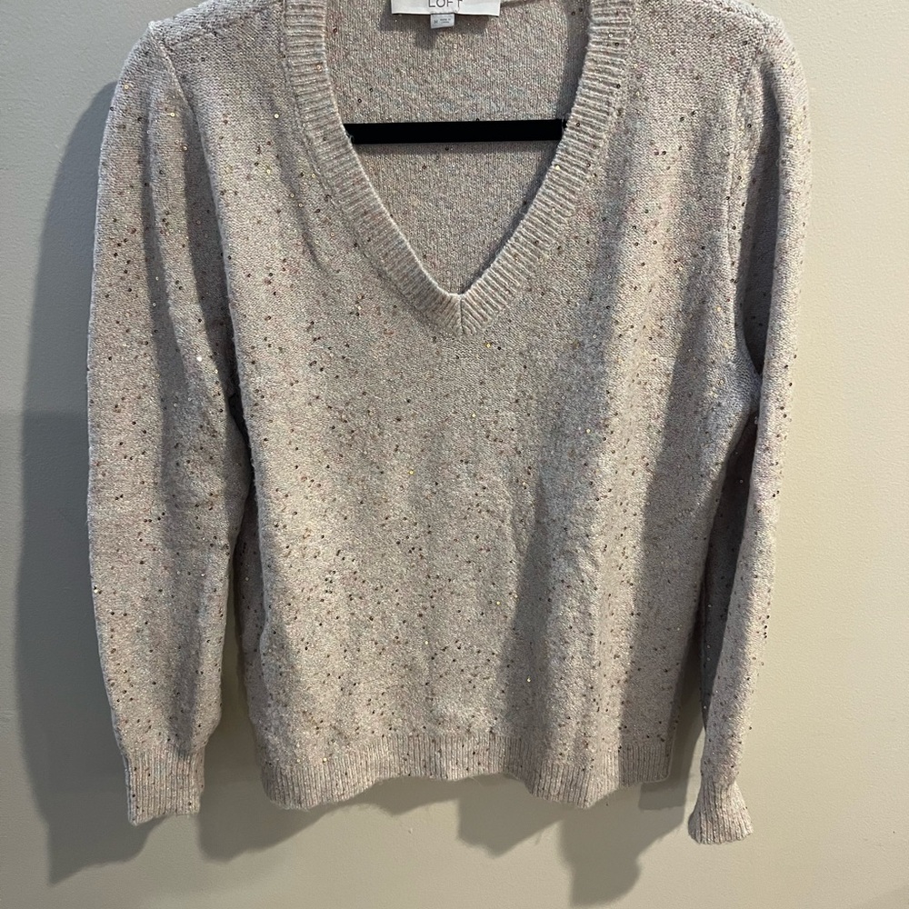 Loft V-Neck Sweater in cream with gold sequins